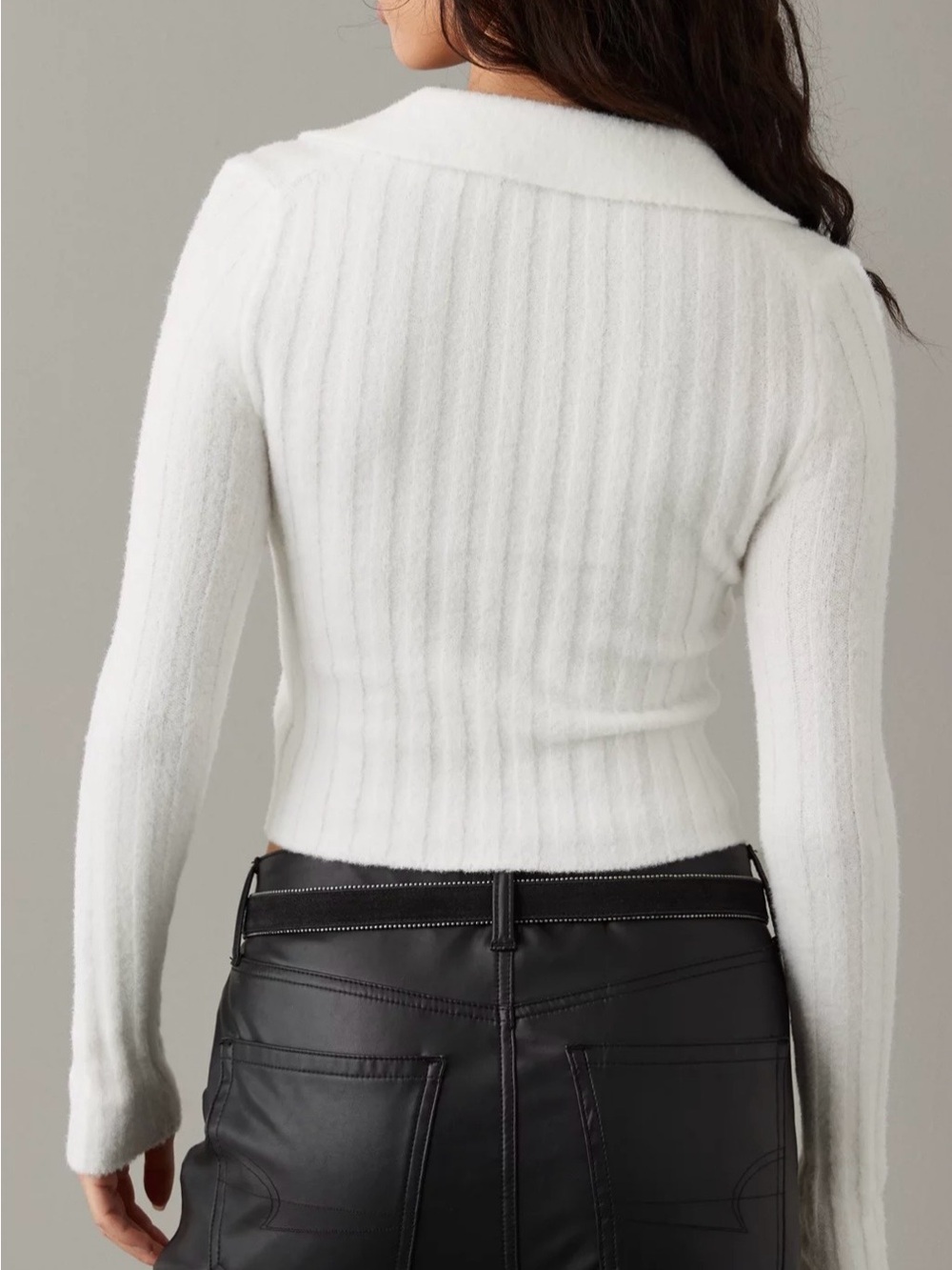 American Eagle White Ribbed Fuzzy Cropped Polo Sweater Long Sleeve Womens Small - Picture 2 of 9